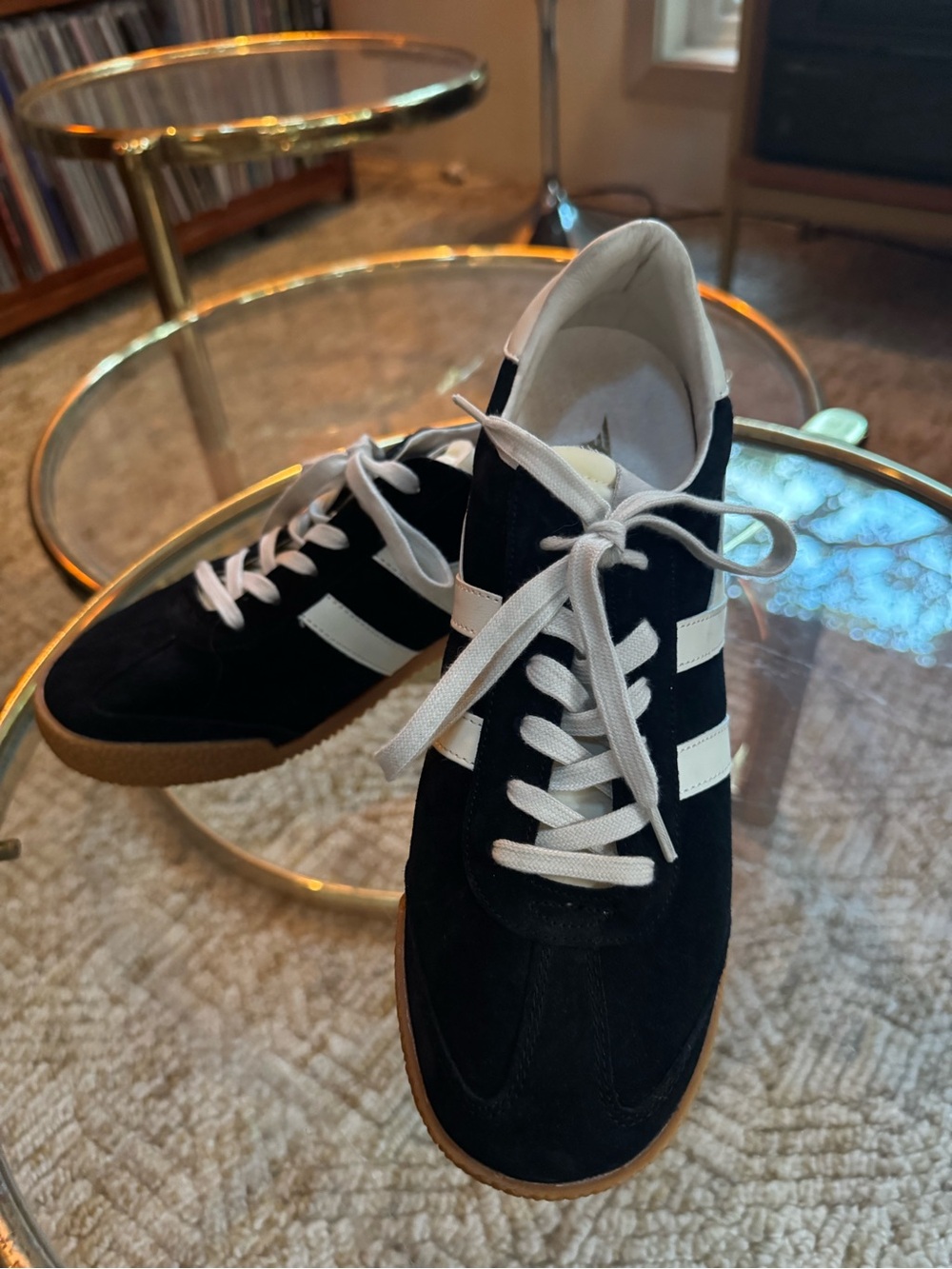 Gola Black Suede Sneakers with White Stripes and Gum Sole